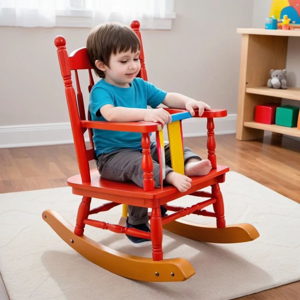 Prompt: A rocking chair for autistic kid.the have sensory play toys that can squish,flurry, and also that have flipped table to draw and paint 
