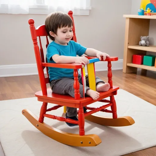 Prompt: A rocking chair for autistic kid.the have sensory play toys that can squish,flurry, and also that have flipped table to draw and paint 
