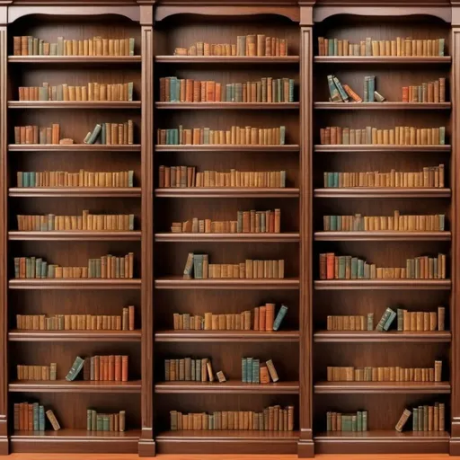 Prompt: Realistic wooden set of bookshelves, dimensions are 12” width, 134” length, and 90” height. 