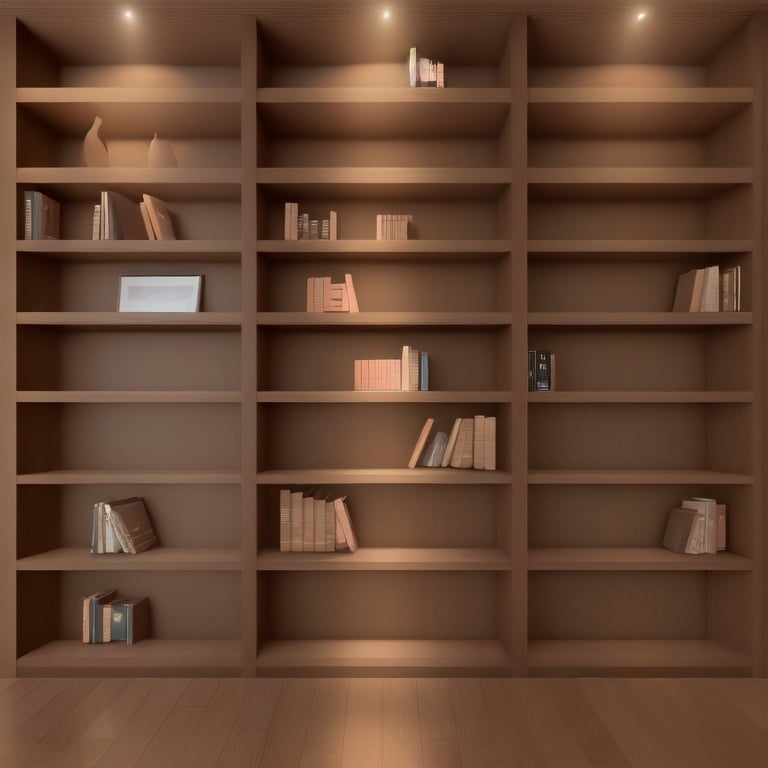 Prompt: Interior bookshelf, 3D realistic generation, made with light brown wood, dimensions are 12”width, 134” length, and 90” height, placed in a living room, HD 