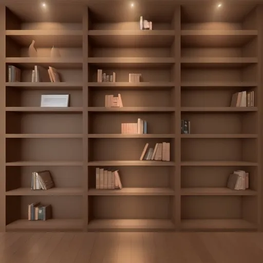 Prompt: Interior bookshelf, 3D realistic generation, made with light brown wood, dimensions are 12”width, 134” length, and 90” height, placed in a living room, HD 