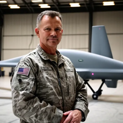 Prompt: Dominant Military man, 50yrs old standing in a hangar with a globalhawk drone, slight smile