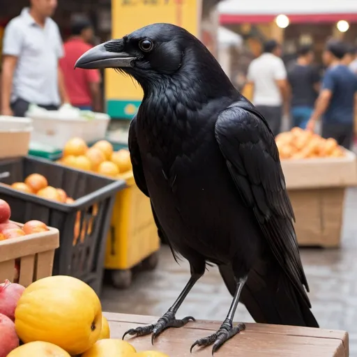 Prompt: A crow, busy marketplace 