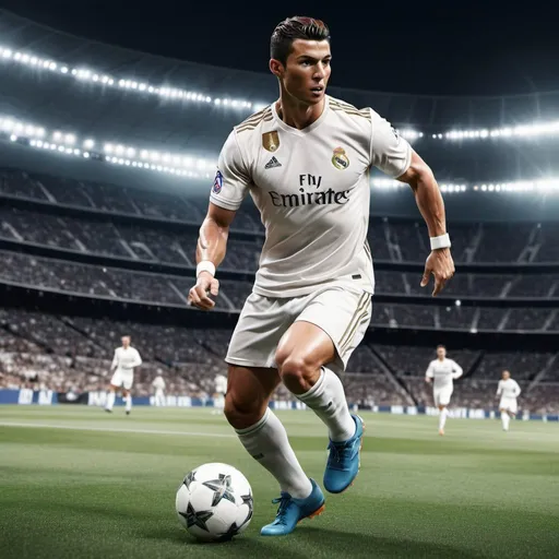 Prompt: Adult man playing football in Real Madrid Stadium, wearing Cristiano Ronaldo's number 7 shirt, dynamic action shot, realistic 3D rendering, high definition, professional soccer player, intense gameplay, vibrant stadium lights, detailed jersey design, dynamic motion blur, muscular physique, energetic atmosphere, realistic stadium environment, high quality, realistic 3D rendering, dynamic action, vibrant colors, stadium lights, detailed jersey design