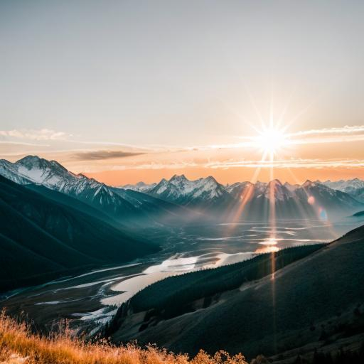 Prompt: Vintage mountain range with sun rise clear sky with sun about to peak over the mountains 