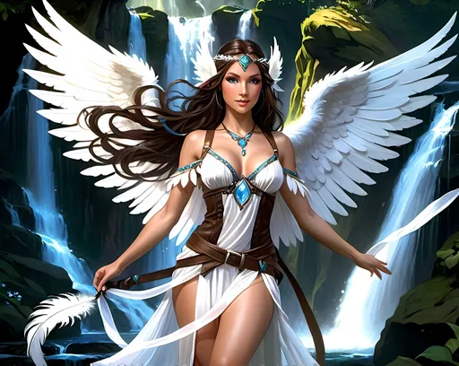 Prompt: Detailed DnD fantasy art of a pretty heroic female wood druid amazonian angel, cute facial traits, blue eyes, long elf ears, thick long tousled dark brown hair, large white angelic wings spread out, intricate white feather details, little cleavage, traditional detailed oil painting, intricate multicolor sheer silk dress, detailed ribbons, dramatic lighting, vibrant colors, high quality, game-rpg style, epic high fantasy, traditional art, dramatic lighting, heroic rogue, fascinating, high quality details, in a waterfall background in a DnD fantasy landscape, atmospheric lighting, highres, fantasy,  immersive, murky tones, medieval, mysterious, moody atmosphere, no earrings, dancing, crystals, silk fabric