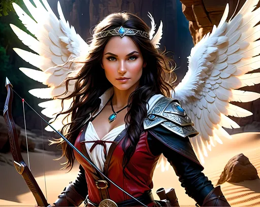 Prompt: Detailed DnD fantasy art of a pretty heroic female wood druid amazonian angel, cute facial traits, blue eyes, thick long tousled dark brown hair, little cleavage, traditional detailed oil painting, intricate red leather tunic long sleeves, detailed black belts, dramatic lighting, dark vibrant colors, high quality, game-rpg style, epic high fantasy, traditional art, detailed red leather shirt, dramatic lighting, heroic rogue, fascinating, high quality details, in a sandy desert background in a DnD fantasy landscape, atmospheric lighting, highres, fantasy,  immersive, murky tones, medieval, mysterious, moody atmosphere, large white angelic wings spread out, intricate white feather details, holding a bow and arrow