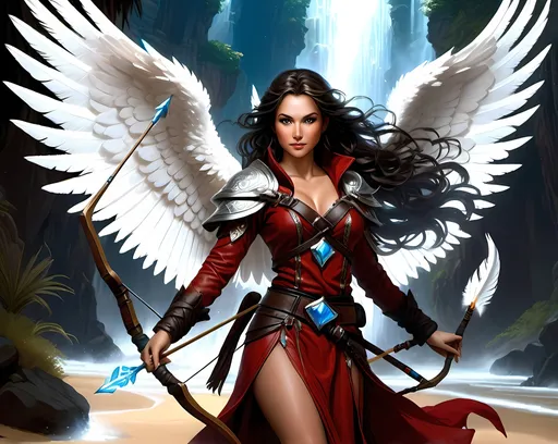 Prompt: Detailed DnD fantasy art of a pretty heroic female wood druid amazonian angel, cute facial traits, blue eyes, thick long tousled dark brown hair, little cleavage, traditional detailed oil painting, intricate red leather tunic long sleeves, detailed black belts, dramatic lighting, dark vibrant colors, high quality, game-rpg style, epic high fantasy, traditional art, detailed red leather shirt, dramatic lighting, heroic rogue, fascinating, high quality details, in a sandy desert background in a DnD fantasy landscape, atmospheric lighting, highres, fantasy,  immersive, murky tones, medieval, mysterious, moody atmosphere, large white angelic wings spread out, intricate white feather details, water magic, holding a long bow and arrow