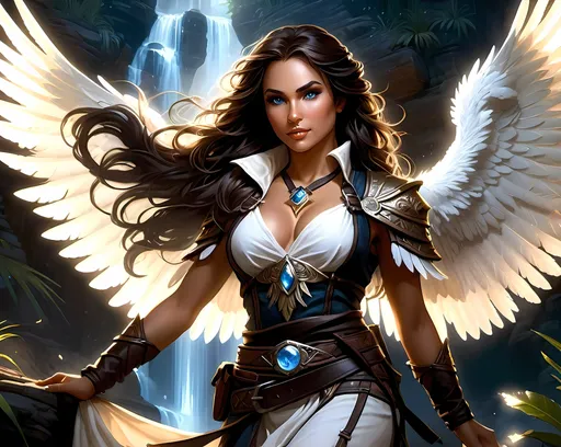 Prompt: Detailed DnD fantasy art of a pretty heroic female wood druid amazonian angel, cute facial traits, blue eyes, thick long tousled dark brown hair, little cleavage, traditional detailed oil painting, intricate brown leather, detailed black belts, dramatic lighting, dark vibrant colors, high quality, game-rpg style, epic high fantasy, traditional art, detailed brown leather shirt, dramatic dark lighting, heroic rogue, fascinating, high quality details, in a desert background in a DnD fantasy landscape, atmospheric lighting, highres, fantasy,  immersive, murky tones, medieval, mysterious, foggy, moody atmosphere, large white angelic wings spread out, intricate feather details, water magic