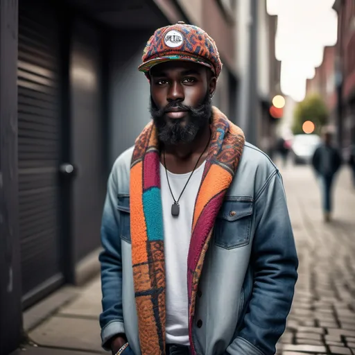 Prompt: A slim young man, big beard, dark skin, wearing a vibrant pokas Sepik cap, stylishly draped in a cozy blanket jacket, paired with trendy cut jeans and eye-catching KT shoes. Casual yet unique streetwear vibe, showcasing individuality against an urban backdrop, with soft natural lighting accentuating features, ultra-detailed, high-quality image.