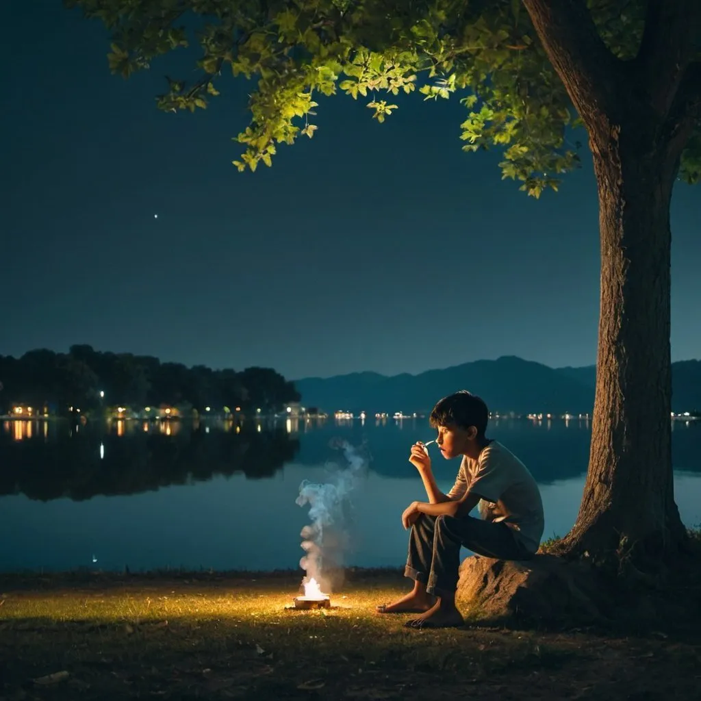 Prompt: a boy sitting under a tree by the lake side smoking at night
