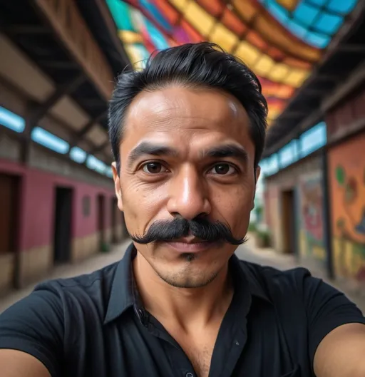 Prompt: (mustachioed man taking a selfie), wearing a (stylish black shirt), inspired by (Abidin Dino) and the artistic movement of (sumatraism), highly expressive facial features, capturing emotion, character portrait, emphasis on (highly detailed textures), vibrant colors, dynamic background that conveys energy, photorealistic concept, suitable for character illustration, (4K ultra-detailed) quality.