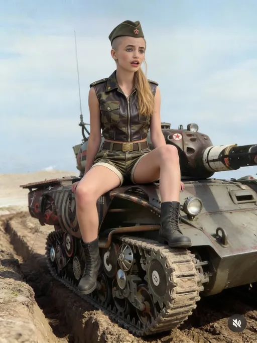 Prompt: Tanker girl dressed as secy tanker from world War 2. Sitting on top of tank driving over trenches. Portrait movie scene photo realistic hd 4d effect. Tanker cap and leather uniform shorts and vest camouflage. German trenches. Blonde hair half shaved head.