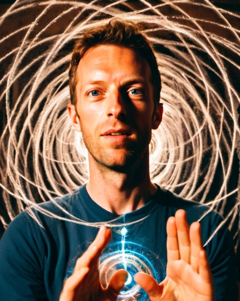 Prompt: Steel wool photography portrait of Chris Martin as a saint. Generous kind magical energy aura. Photo realistic. White lighting. Bright blue eyes. Natural daylight. Symmetrical sacred geometry centered image. Holding blue energy. Sharing love and joy. Electric. Perfect complex geometric patterns sacred glow.