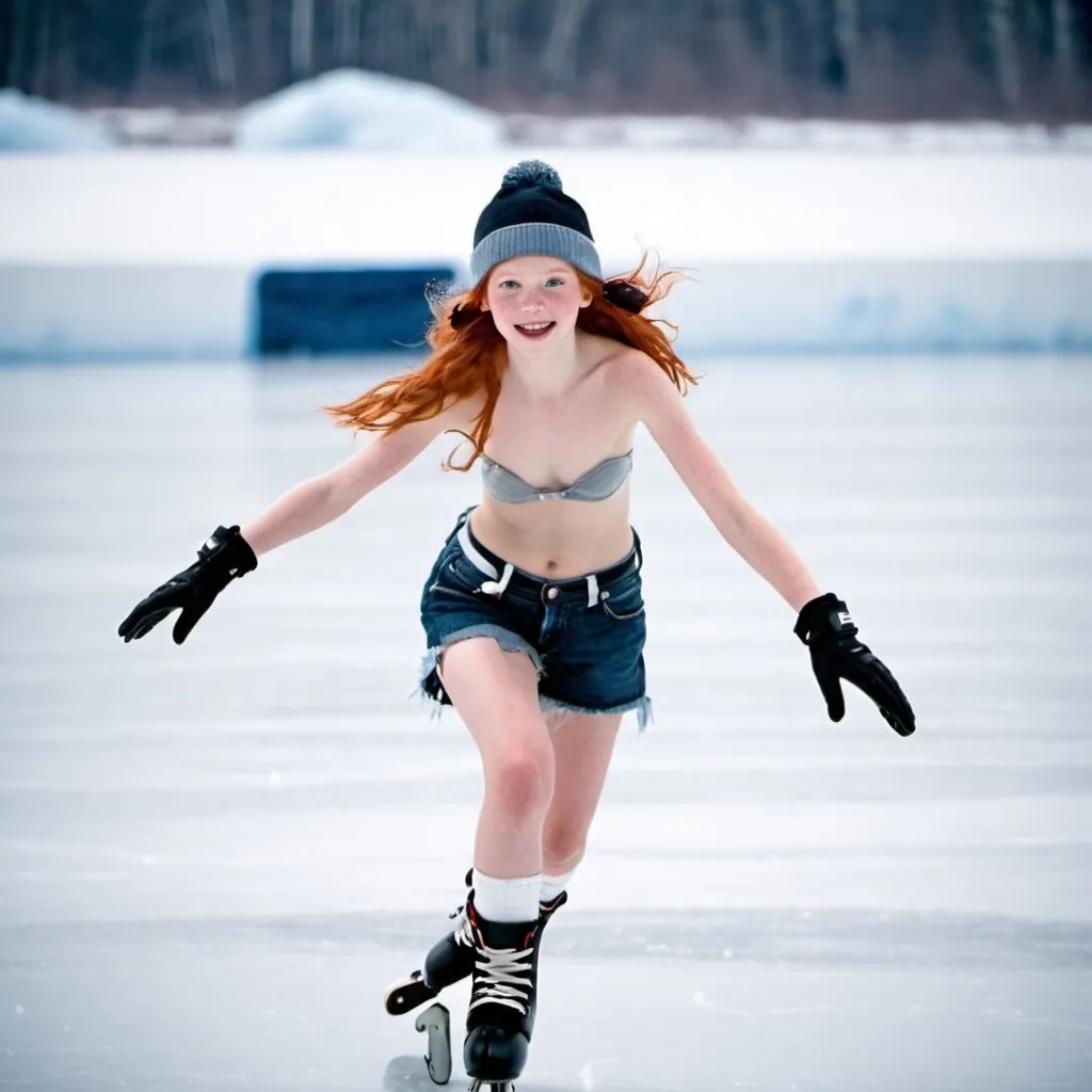 Prompt: Young girl about nine with long red hair is ice skating on a frozen lake wearing only a pair of jean shorts with no shirt.