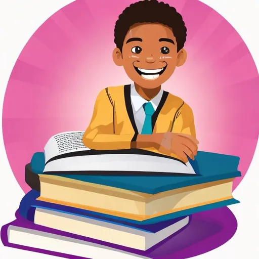 Prompt: create a image in png .
Generate an image of a cheerful student with a bright smile, carrying a stack of diverse inspirational books. The student should be depicted as excited and motivated, symbolizing the ethos of our school where students are encouraged to envision their future and pursue it with their own free will. The books should reflect a variety of subjects, emphasizing the importance of making informed and positive choices in life for a better future. The background should convey a sense of learning and growth