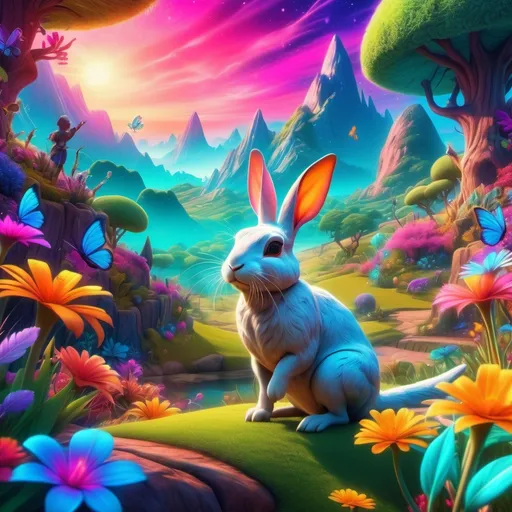 Prompt: (vibrant fantasy style), (conejo diente de sabre), vivid colors, magical landscape, whimsical elements, lush background with colorful flora, mystical atmosphere, dynamic poses, enchanting lighting, high-quality 4K resolution, ultra-detailed textures, captivating fantasy creatures, surreal artwork.