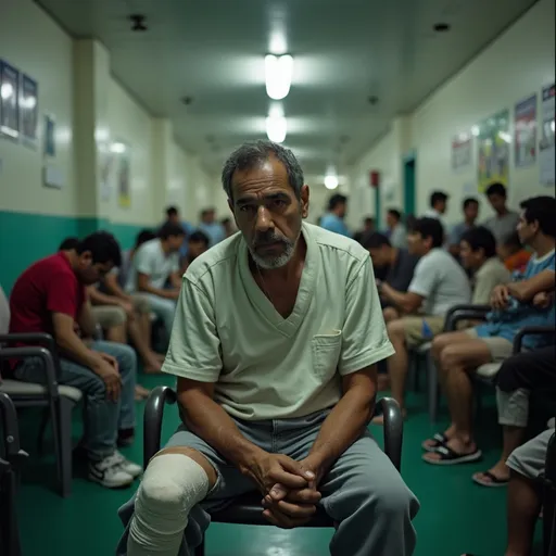 Prompt: A middle-aged Mexican man with a deeply concerned expression sits hunched over in a crowded emergency room in a typical Mexican public hospital. He is positioned slightly off-center, blending into the chaotic scene but still clearly visible. His foot is heavily bandaged and resting slightly forward, subtly noticeable under his chair. He wears simple, slightly wrinkled civilian clothing, reflecting exhaustion and worry. His hands grip the armrests tightly, showing tension and unease. His face is illuminated by harsh fluorescent lighting, emphasizing his deep anxiety and regret. In the background, dozens of suffering Mexican patients wait for attention, some on stretchers, others sitting uncomfortably on plastic chairs, all slightly blurred to create depth. The walls have faded hospital posters, and the atmosphere feels overwhelmed, with overworked nurses and doctors moving urgently. The lighting is slightly brighter than usual but still cold and clinical, reinforcing the distressing and hopeless environment."