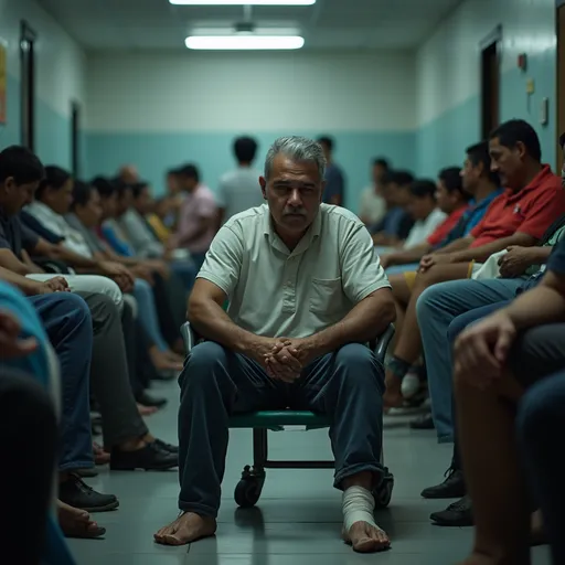 Prompt: *"A middle-aged Mexican man with a deeply concerned expression sits hunched over in a crowded emergency room in a typical Mexican public hospital. He is positioned slightly off-center, blending into the chaotic scene but still clearly visible. His foot is heavily bandaged and resting slightly forward, subtly noticeable under his chair. He wears simple, slightly wrinkled civilian clothing, reflecting exhaustion and worry. His hands grip the armrests tightly, showing tension and unease. His face is illuminated by harsh fluorescent lighting, emphasizing his deep anxiety and regret. The background is chaotic, filled with many suffering Mexican patients waiting for attention, some on stretchers, others sitting uncomfortably on plastic chairs, all slightly blurred to create depth. The walls have faded hospital posters, and the atmosphere feels overwhelmed, with overworked nurses and doctors moving urgently. The lighting is slightly brighter than usual but still cold and clinical, reinforcing the distressing and hopeless environment.

Modify the background tones to subtly match MIDHEC's branding, incorporating soft blue and white hues into the environment without losing the realism of the emergency room. Keep the patient’s appearance, expression, and position exactly the same, ensuring the focus remains on his worry and regret. The background should maintain a hospital setting but have a slight blue-toned atmosphere to create visual consistency with MIDHEC's color scheme. The changes should be natural and not overly artificial, blending the blue and white tones into the lighting and background elements."*

