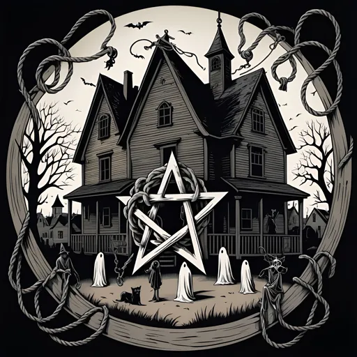 Prompt: a pentagram stylized to look like a noose surrounded by ghostly figures and houses reminiscent of those from the salem witch trial era