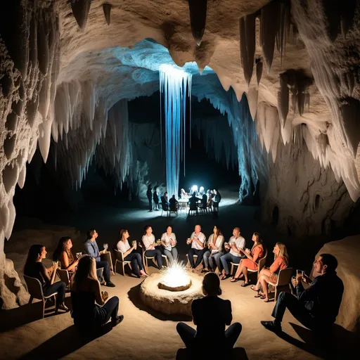 Prompt: People rising A toast- in raising seating area inside a stalactite cave