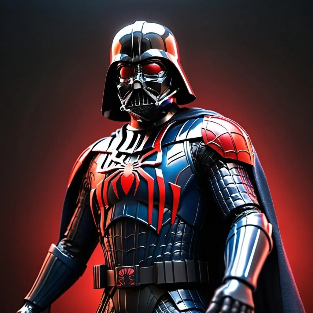 Prompt: darth Vader wearing Spiderman uniform in a Spiderman battle pose, with Darth Vader style armor with black, red, blue metallic elements and red backlit, Vader's helmet shape covered like a spiderman mask, background from star wars