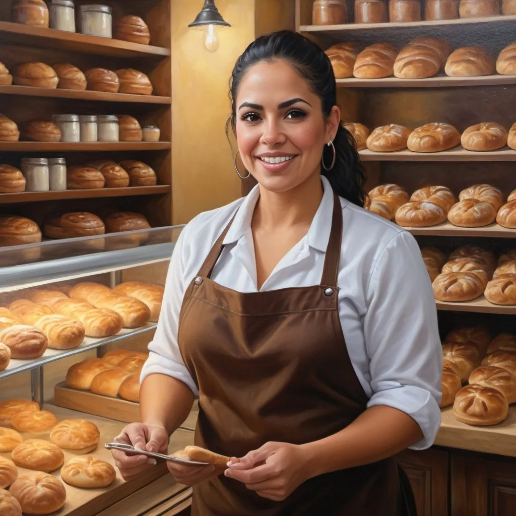 Prompt: Hispanic business owner learning marketing, realistic oil painting, bakery setting, detailed facial expressions, warm natural lighting, lifelike, business owner, marketing, bakery, realistic, oil painting, detailed expressions, warm lighting, learning, Hispanic, new business, lifelike image