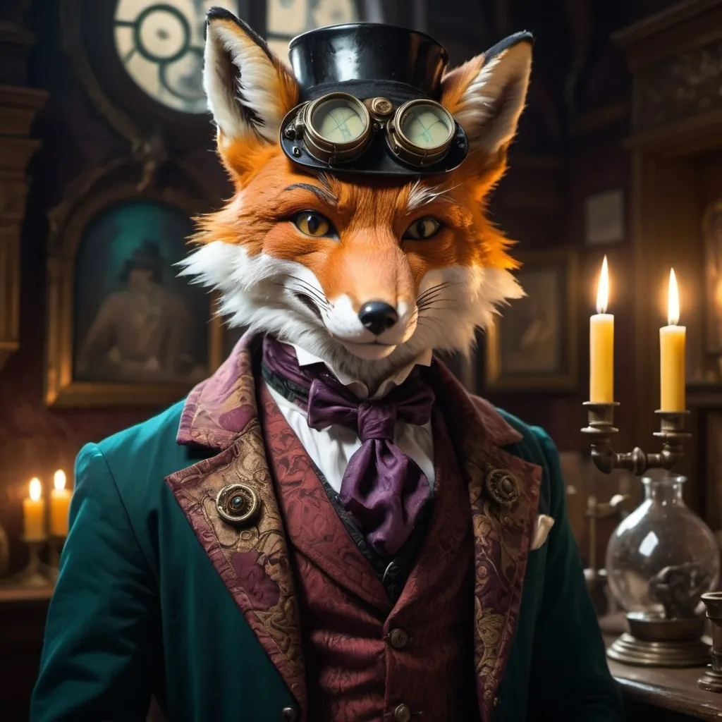 Prompt: (male Victorian furry anthro fox), mad scientist, goggles on head, expressive features, sharp eyes, vivid colors, surreal and creepy atmosphere, intricate Victorian attire, ornate details, dramatic lighting casting striking shadows, mysterious background with an eerie ambiance, high detail, ultra-detailed, must evoke a sense of wonder and discomfort.