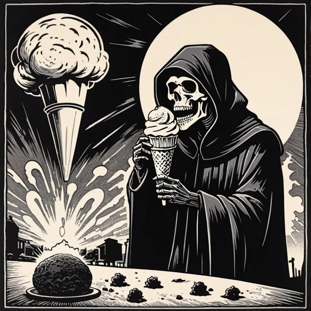 A linocut of a grim reaper eating an ice cream cone,...