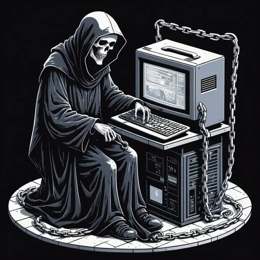 Prompt: A linocut of a little grim reaper on an isometric building made of chains and old computers