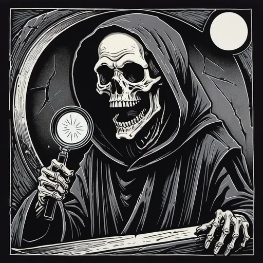 Prompt: A linocut of a grim reaper, shaking a magnifying glass, its broken/shattered,  