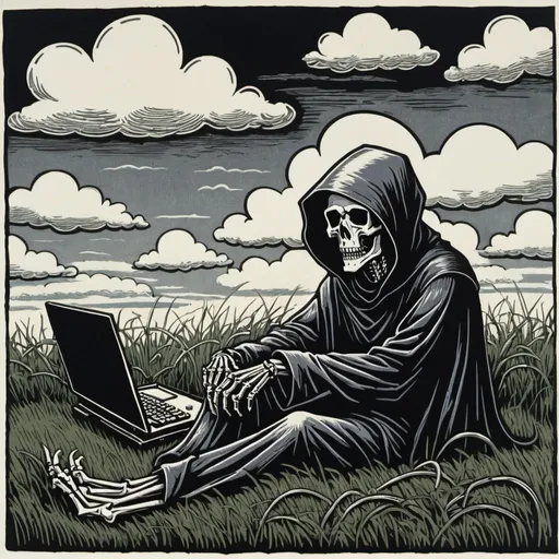 Prompt: A linocut of a grim reaper relaxing in a grass field, the clouds look like chains and old computers