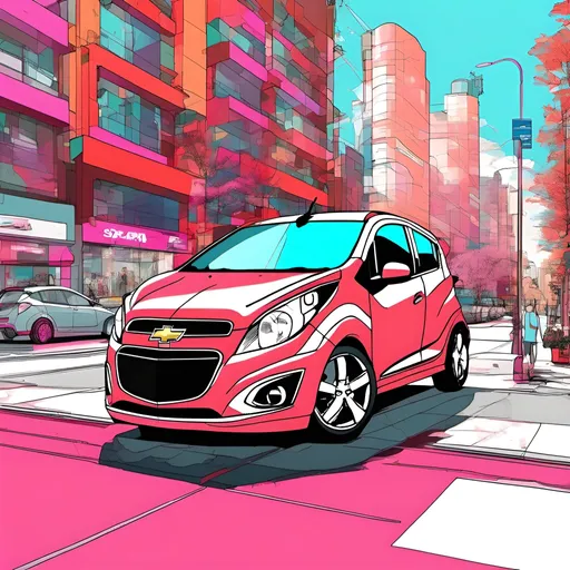 Prompt: "A detailed image of a 2024 Chevrolet Spark GT parked on a vibrant street in a modern city. The car is bright red, with alloy wheels and tinted windows. The city has tall glass buildings, moderate traffic, and people walking on the sidewalks. It's a sunny day with a clear blue sky and a few scattered clouds. There are neon signs from shops and cafes around, and some trees decorating the streets. The car looks clean and shiny, catching the attention of passersby."