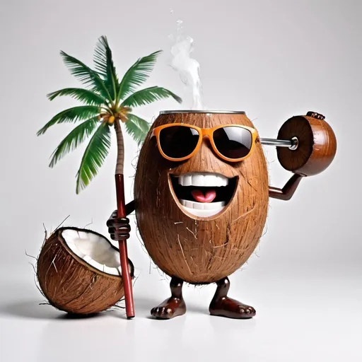 Prompt: Coconut figure strong barbell drink cigar happy sunglass 

