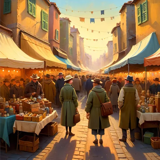 Prompt: Vibrant oil painting of a bustling flea market, rich and warm color palette, diverse array of vintage items, lively atmosphere, high quality, detailed brushwork, impressionism, warm tones, natural lighting, busy crowd, unique finds, antique furniture, vintage fashion, colorful stalls, energetic and lively, textured canvas, inviting ambiance