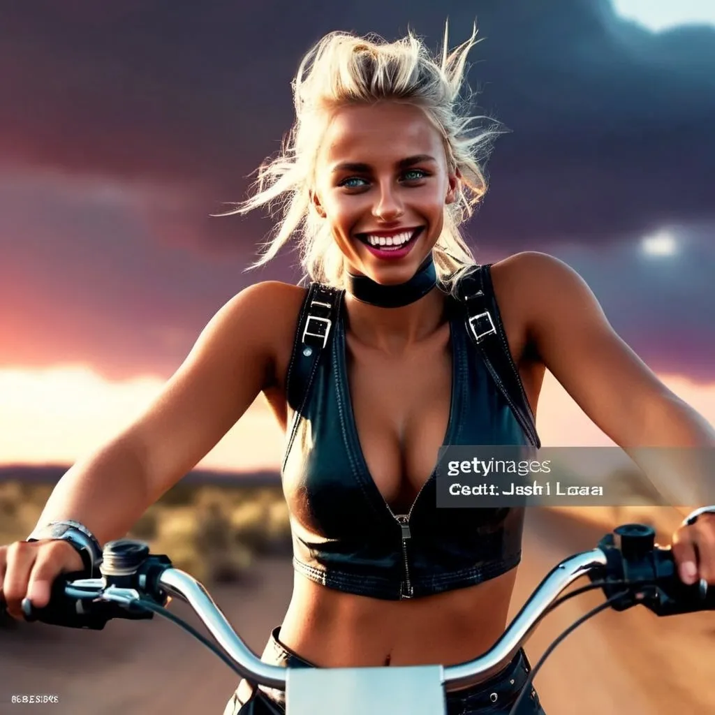 Prompt: young woman , 23 years old, blonde, she has freckles, she is Italian. She rides a retro bicycle from the 80s in black color, she dresses in leather with a futuristic-chaotic Mad Max style, her body He is thin with prominent lines, he is very sensual, the landscape is a desert with cactus that grow flowers, the sky is a sunset with an eclipse and there is a spaceship entering the atmosphere, she is taking a pill in her mouth, image realistic, 8k, slanted eyes,hay un eclipse de sol