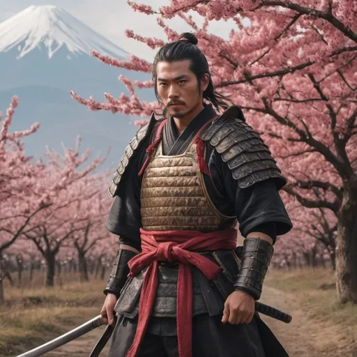 Prompt: Draw me a samurai from the medieval period, he has a face of calm and peace, his armor is black and red with dragon details, he is in an almond field, in the background you can see Mount Fuji, 8k, full length, they fall from the sky almond blossom petals as if it were raining, he has the katana raised, hyperrealistic image, maximum definition, ultra hd. as if it were real
