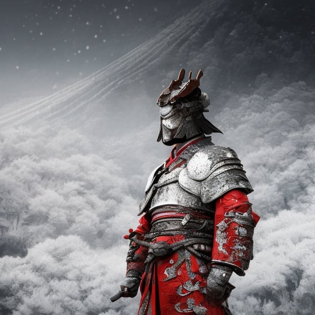 Prompt: Draw me a samurai from the medieval era, he has a face of calm and peace, his armor is black and red with dragon details, he is in a bamboo field, in the background you can see Mount Fuji, it is snowing, 8k, body whole, almond blossom petals fall from the sky as if it were raining, realistic image, maximum definition, ultra hd
