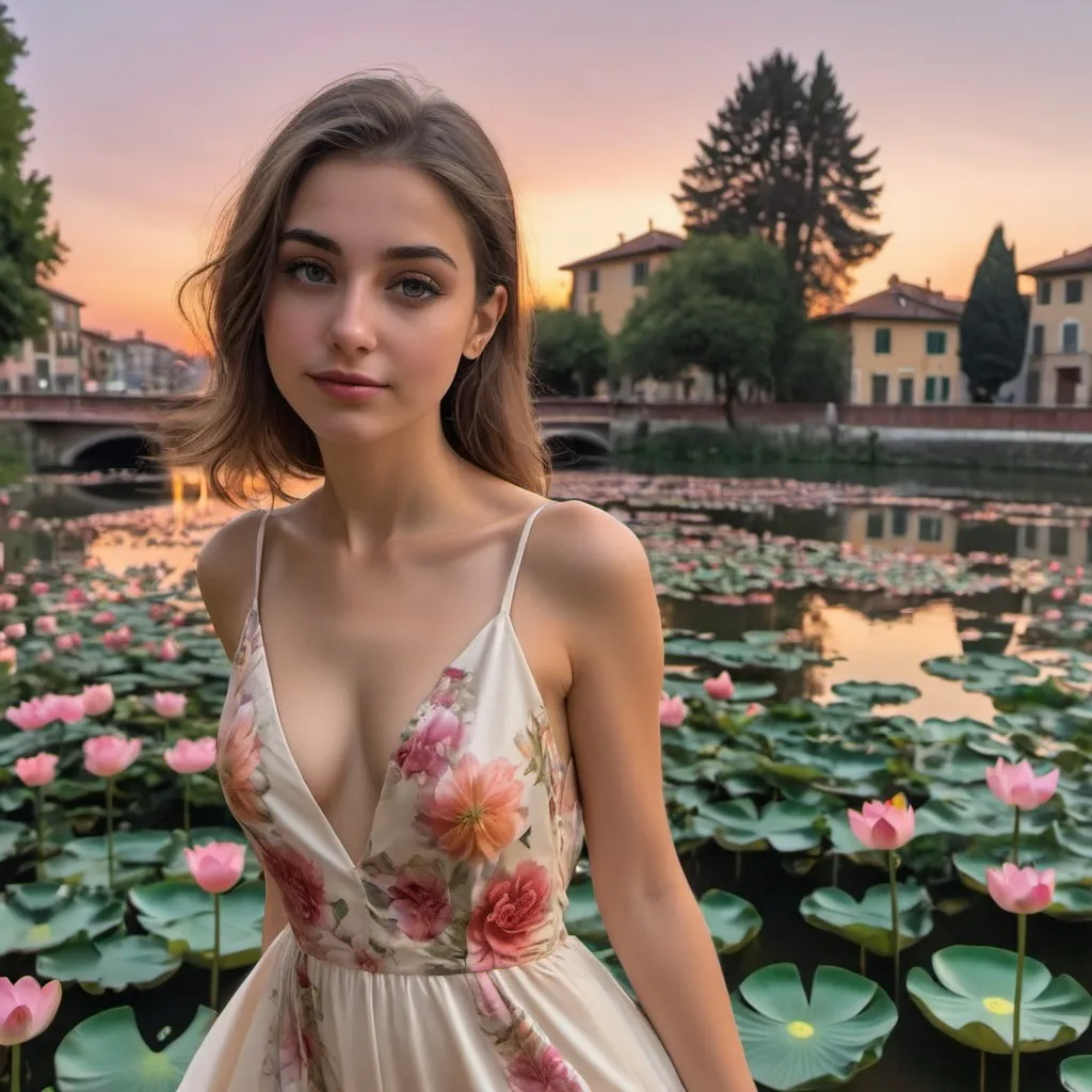 Prompt: una ragazza elegante cammina tra i fiori di loto e un tramonto come sfondo
