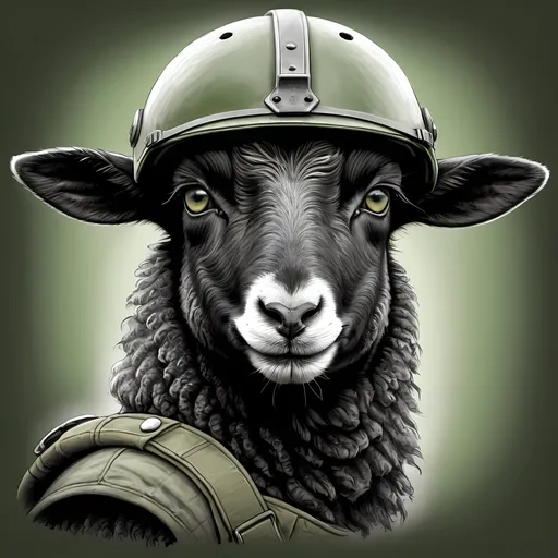 Prompt: Headshot of a black lamb, green military helmet, pencil drawn art style, detailed fur with shading, intense and alert gaze, high quality, pencil drawing, military theme, detailed eyes, professional shading, atmospheric lighting that would be ideal to print on shirts with the Bible verse: Matthew 18:12 above the image in the shape of an arch