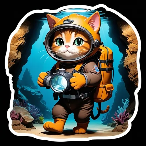 Prompt: A curious brown cat equipped with a tiny headlamp, a miniature backpack, a small oxygen mask, and cave diving fins, exploring a dark and mysterious underwater cave. The cat is also wearing a miniature drysuit and carrying a mini dive computer on its paw. It navigates through narrow passages, surrounded by stalactites and stalagmites, with beams of light revealing the intricate textures of the cave walls. The atmosphere is adventurous and magical, with the cat's reflection visible in the clear water.