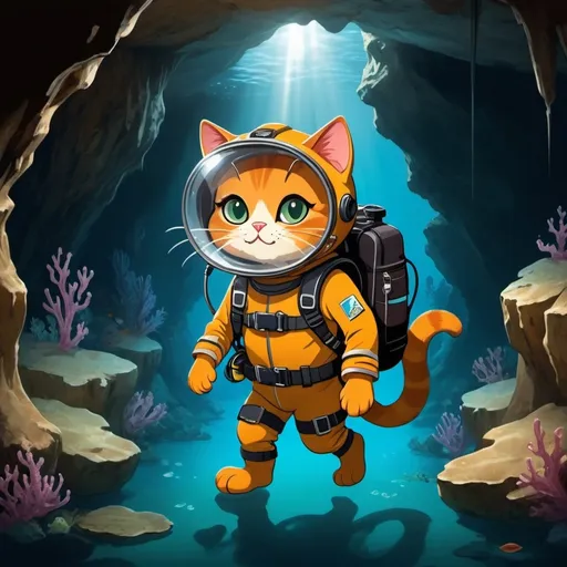 Prompt: A curious brown cat equipped with a tiny headlamp, a miniature backpack, a small oxygen mask, and cave diving fins, exploring a dark and mysterious underwater cave. The cat is also wearing a miniature drysuit and carrying a mini dive computer on its paw. It navigates through narrow passages, surrounded by stalactites and stalagmites, with beams of light revealing the intricate textures of the cave walls. The atmosphere is adventurous and magical, with the cat's reflection visible in the clear water.