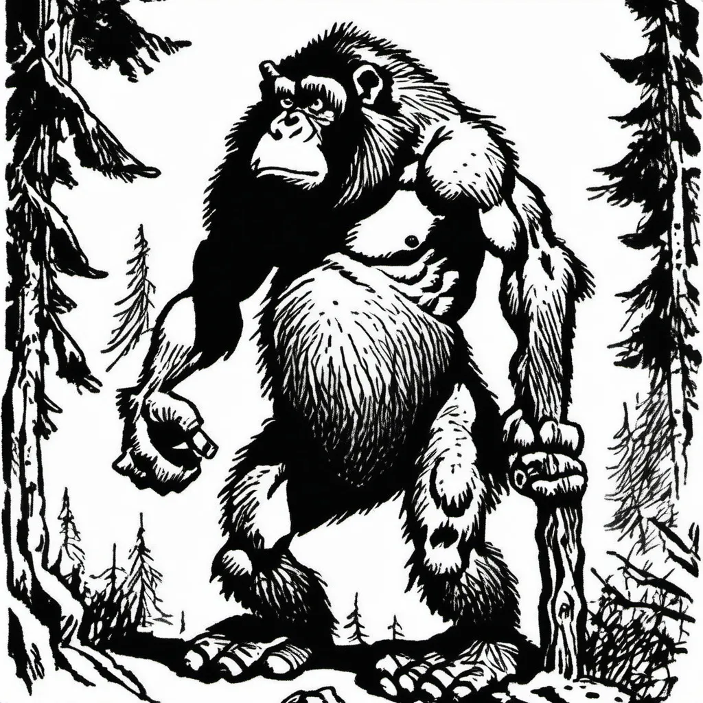 Prompt: A humanoid great ape, standing over 2 meters tall, covered in thick brown fur with hints of black. It holds a primitive wooden spear with a sharp stone tip. Its posture is imposing, but its eyes convey calm intelligence and a peaceful demeanor. Around it, a dense and wild forest setting. The artistic style is black and white, with detailed strokes and a retro tabletop RPG vibe from the 1990s."
