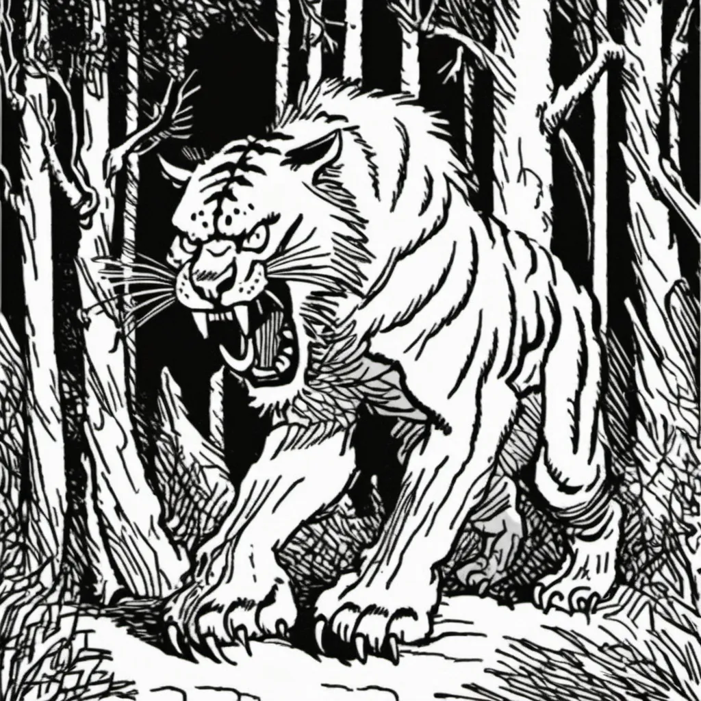 Prompt: A saber-toothed tiger, similar in size to a lion, with a physique resembling a cross between a lion and a panther. It features enormous, curved canine teeth, sharp enough to tear through prey. Its coat is a sandy color, though variations such as white or grey are found in colder regions. The tiger’s muscular body is depicted mid-movement, its sharp claws extended as it leaps forward. The scene is set in a wild savannah or forest environment. The artistic style is black and white, with detailed strokes, evoking the retro tabletop RPG aesthetic of the 1990s
