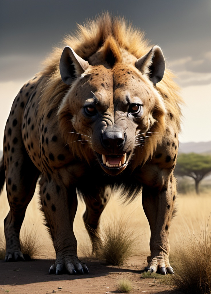Prompt: A giant hyena creature, resembling a crossbreed mix between a lion and a hyena. It has a robust, hunched muscular body, covered in dark fur with. very muscular The creature is shown in a dense plain, The setting is wild and untamed, with detailed vegetation surrounding the animal.