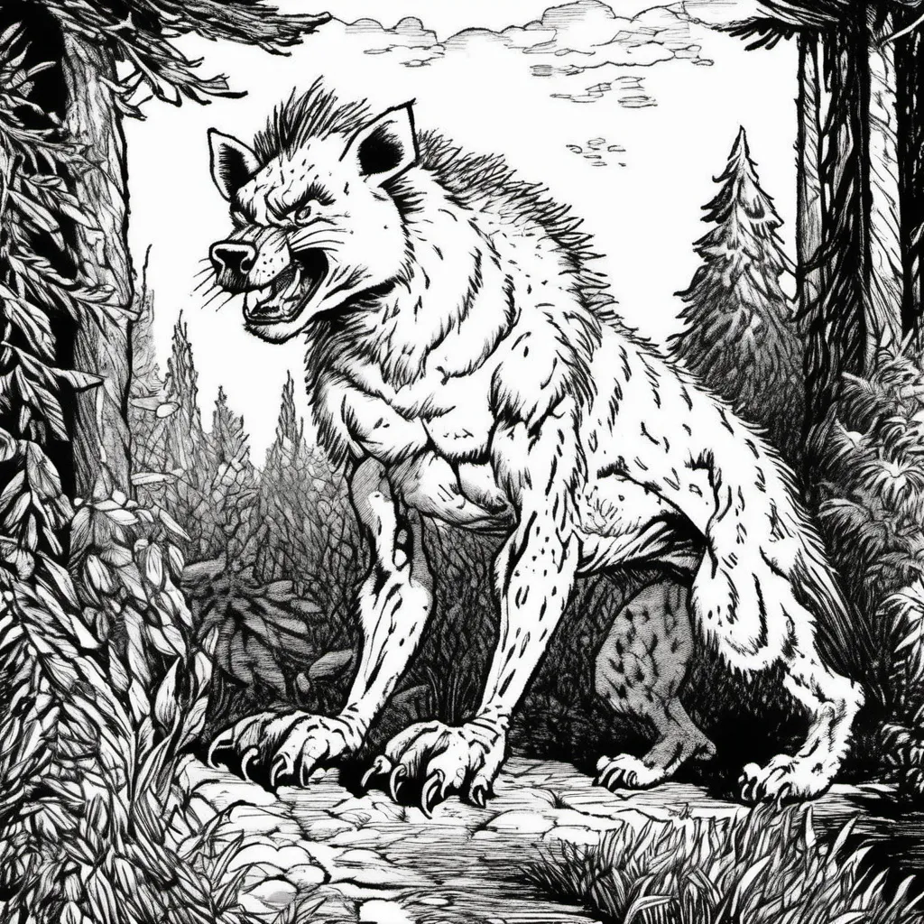 Prompt: A giant hyena creature, resembling a crossbreed mix between a lion and a hyena. It has a robust, hunched muscular body, covered in dark fur with. very muscular The creature is shown in a dense plain, The setting is wild and untamed, with detailed vegetation surrounding the animal. The art style is black and white, with precise, textured linework that recalls the retro fantasy illustrations of tabletop RPGs
