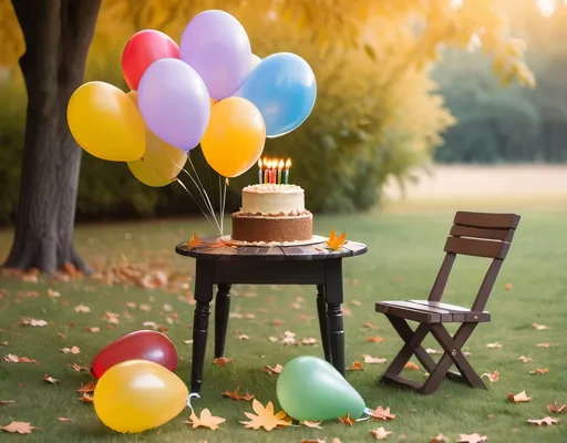 Prompt: a birthday cake and balloons are on a table in the grass near a chair and a tree with leaves, Daphne McClure, art photography, plain background, a stock photo