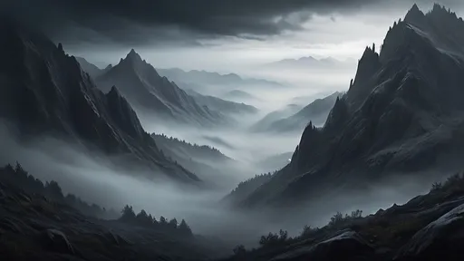 Prompt: The mountains are dark and foggy, realism style, dark color scheme, photorealistic, deep shadows, misty atmosphere, gloomy and mysterious, rugged mountain terrain, swirling fog, muted greys and blues, overcast sky, high contrast, low visibility, ultra-detailed, 4K, high-quality, dramatic lighting, intricate details, immersive depth, somber mood, realistic textures.