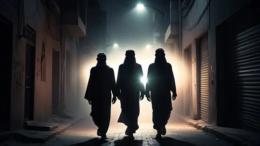 Prompt: 4 young saudi men carrying flashlight, realism style, dark color scheme, nighttime setting, focused light beams from the flashlights, cinematic lighting, deep shadows, intense and somber atmosphere, eerily quiet environment, urban alleyway background, high contrast, ultra-detailed, 4K, photorealistic, soft yet mysterious focuses around the subjects' expressions, slightly foggy air, high quality and fidelity.