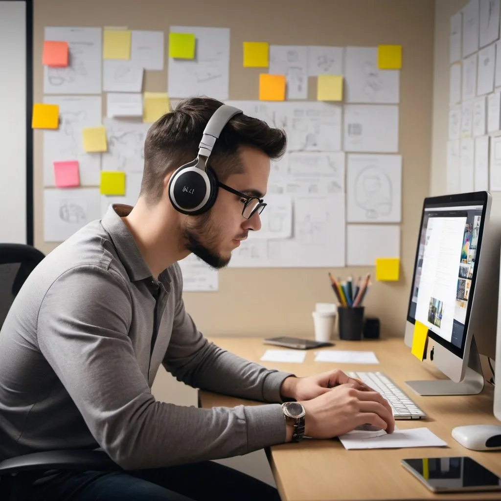 Prompt: UX designer wearing headphines, working on some mockups, iMac computer, tablet, 42 inch tv, post its  on the wall, iPhone, office setting, natural lighting, professional